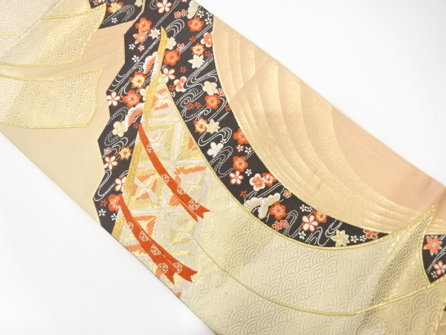 JAPANESE KIMONO / ANTIQUE FUKURO OBI / SILK / WOVEN CRANE & FLOWER